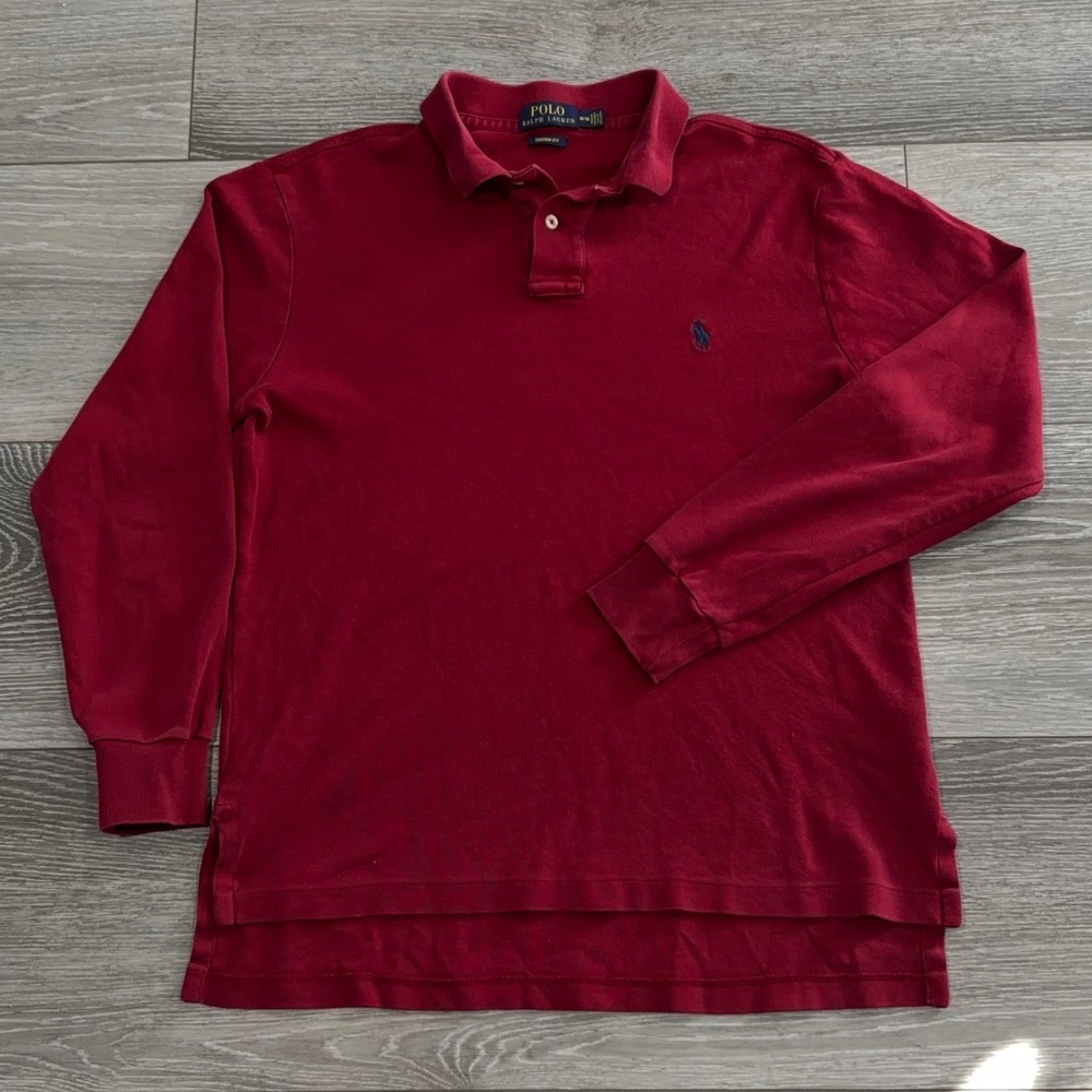 Polo Ralph Lauren Men's Long Sleeve Red Custom Fit Polo Shirt‎ Size Medium